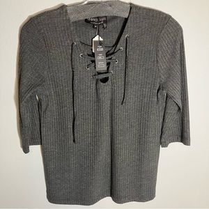 NWT French Kiss Grommet Criss Cross Tie Ribbed Gray Top